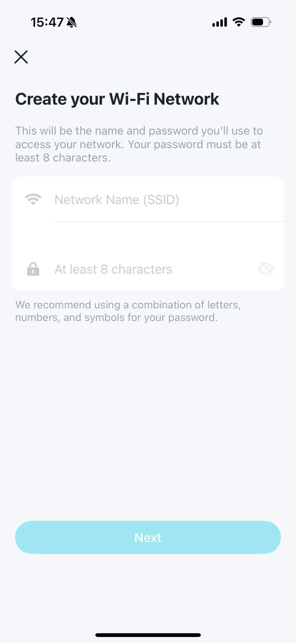 Captura oficial de Deco al crear el nombre y contraseña de la red WiFi