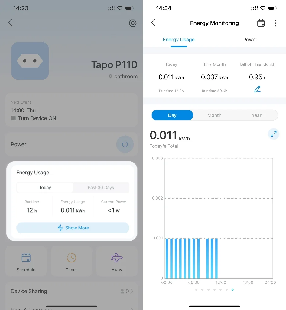 Captura oficial de Tapo con la vista de consumo de energía y sus detalles