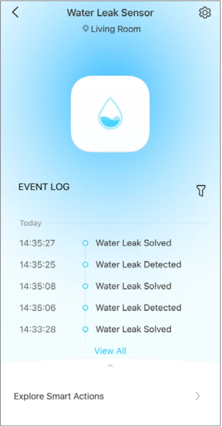 Captura oficial Tapo con eventos de agua detectada y resuelta