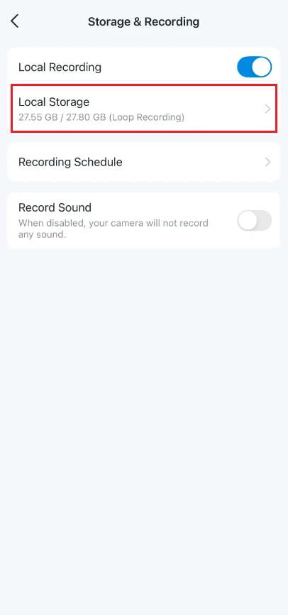 Captura oficial de Tapo: Storage & Recording con Local Storage resaltado