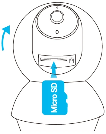 Diagrama oficial de una cámara Tapo con giro: lente inclinada hacia arriba para acceder a la ranura microSD